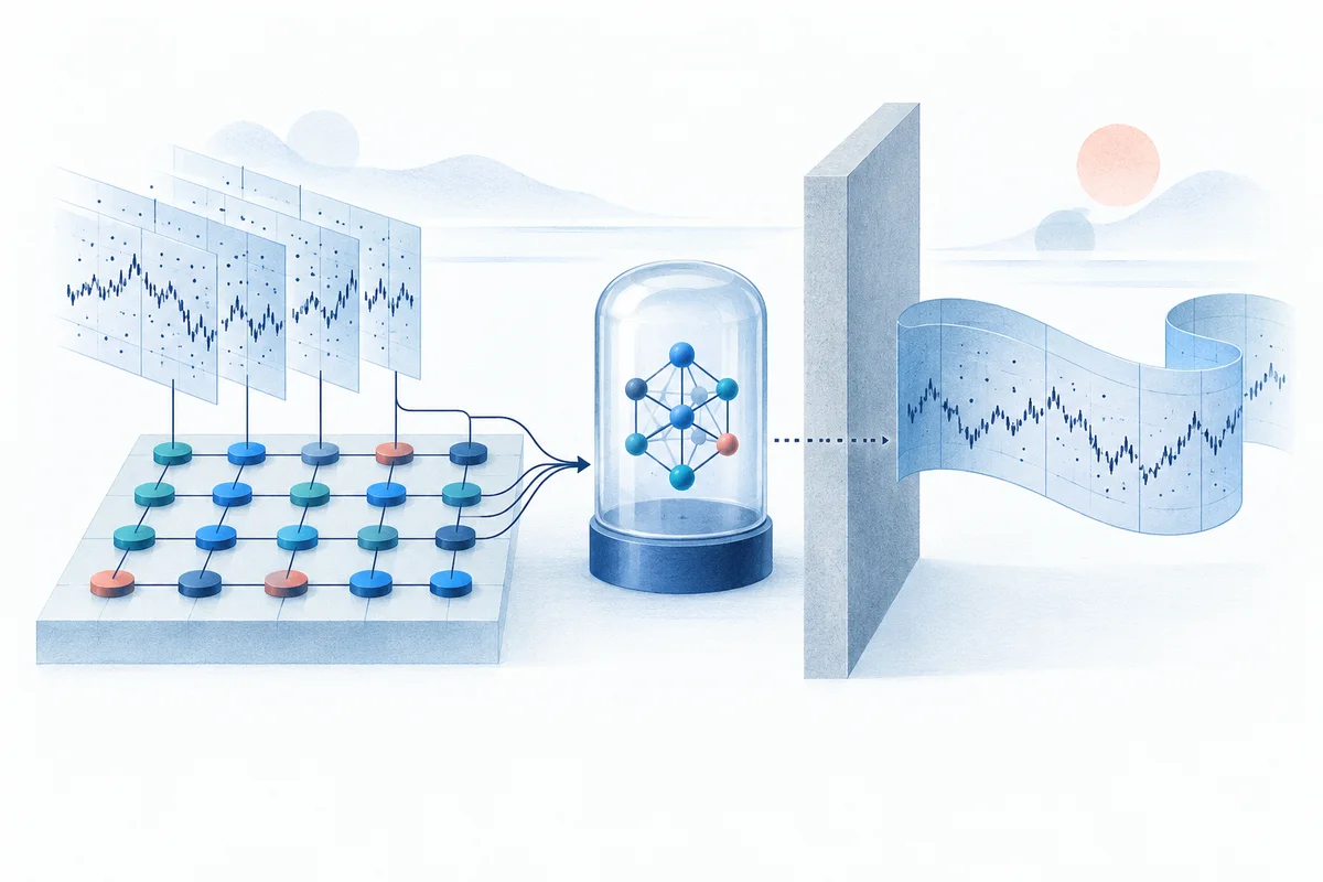 A fitted model separated from an untouched test-data stream by a temporal barrier.