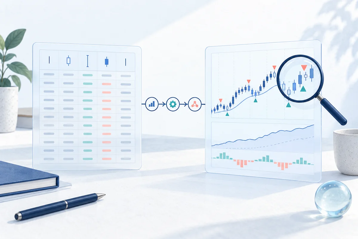 A structured price table connected to strategy rules and a compact simulation.