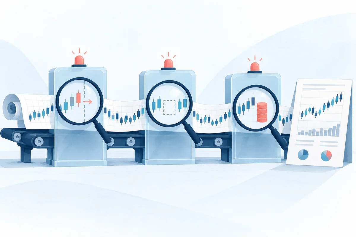 Market data inspected for timing errors, gaps and execution costs.