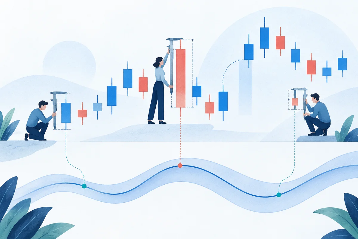 Candlestick ranges and a market gap measured before entering a smoothing path.