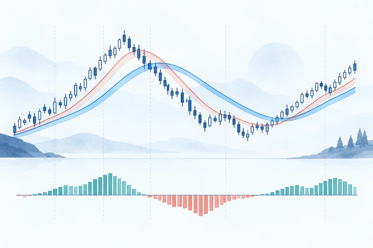 Two moving-average paths connected to a positive and negative histogram.