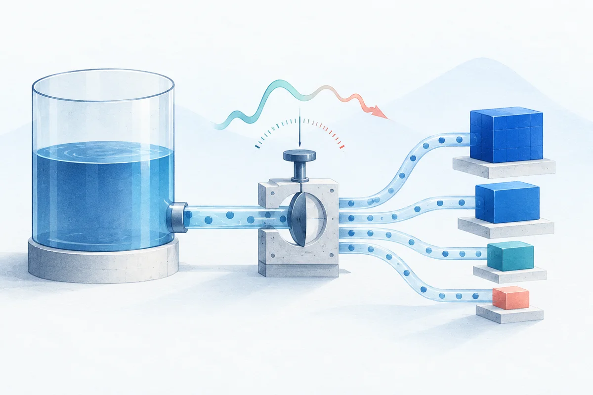 A limited cash pool allocating position blocks through a risk-sizing gate.