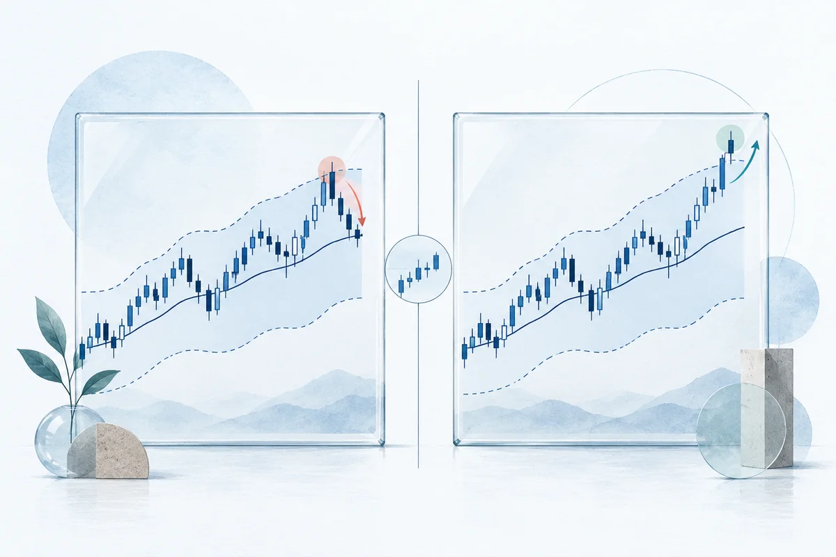 The same volatility bands frame separate mean-reversion and breakout hypotheses.