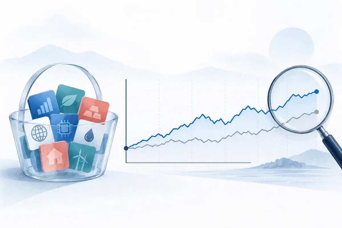 An asset basket evaluated against a rule-based path and a separate benchmark.