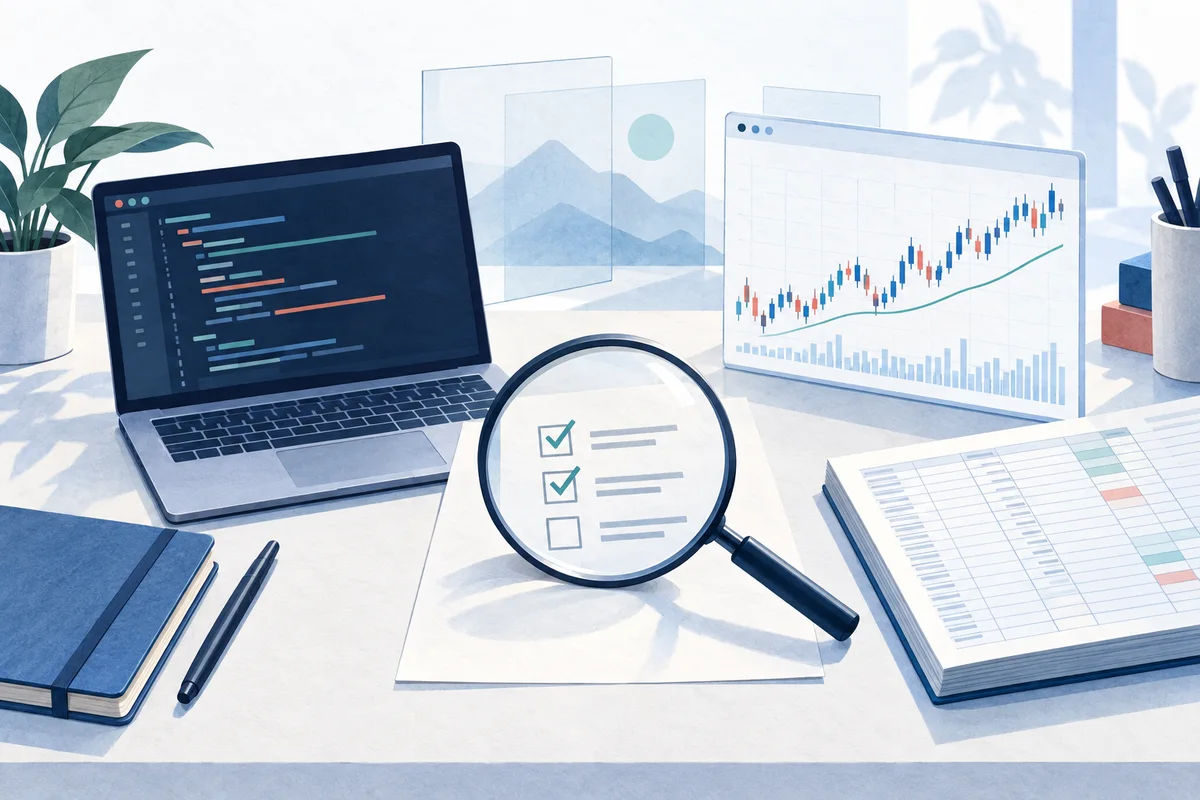 A code notebook, chart tool and data ledger compared against a shared checklist.