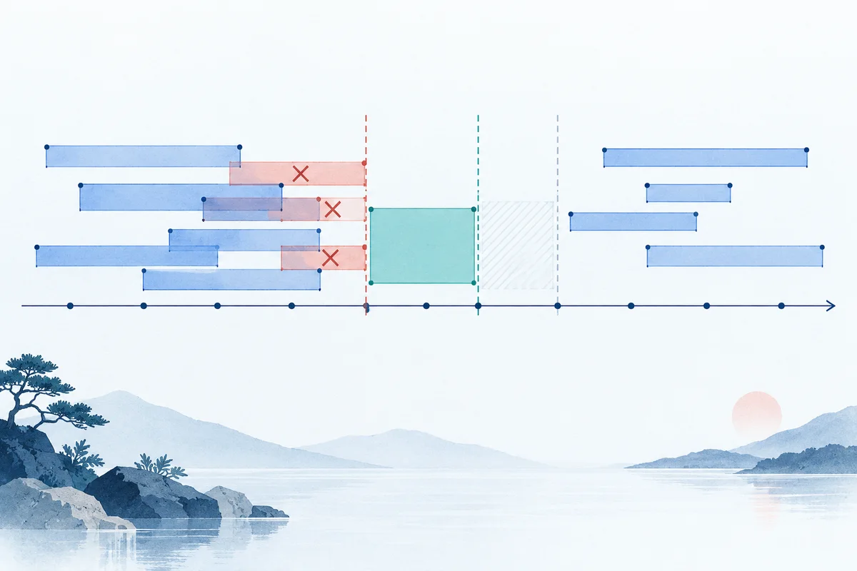 Overlapping training labels are removed and a separate buffer follows the test interval.