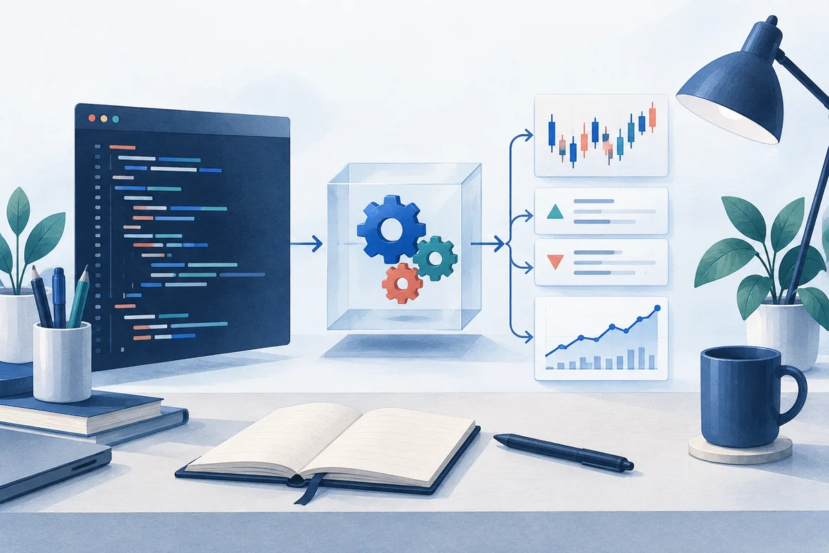 Abstract code connected to market bars, order events and an inspected results chart.