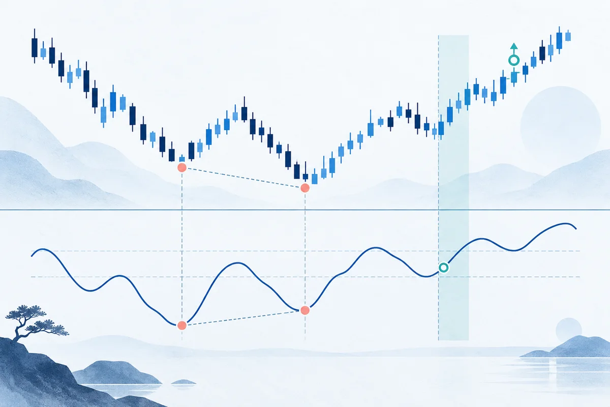 Price and oscillator pivots diverge, with a later gate marking pivot confirmation.