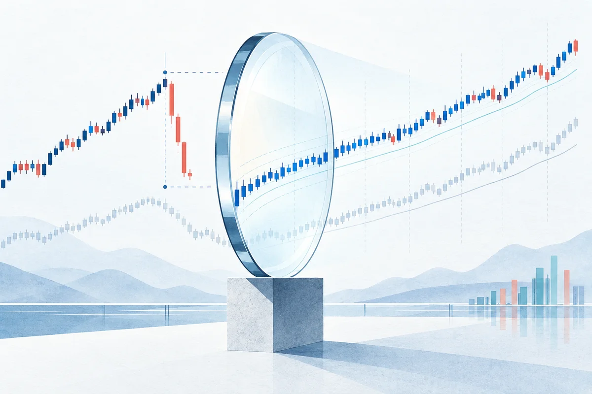 A price-adjustment lens aligning a stock history with a separate benchmark series.