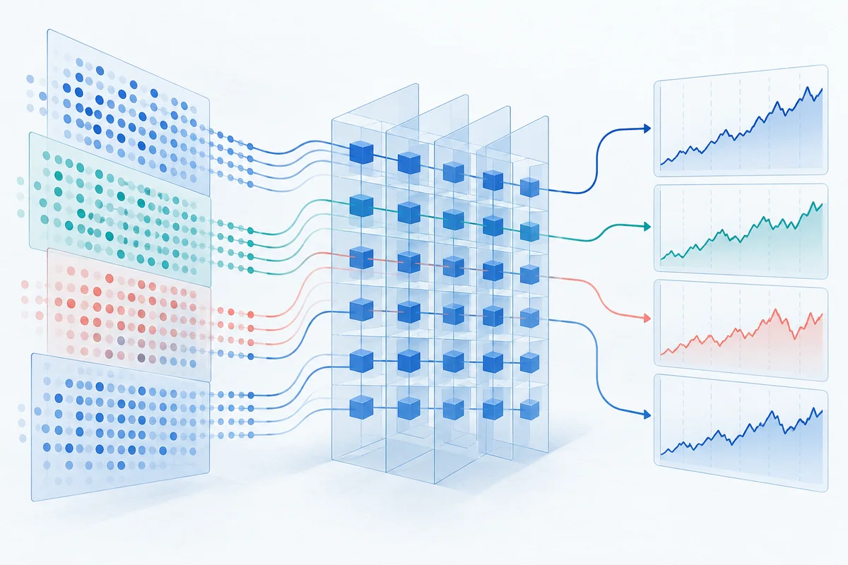Parallel signal arrays passing through a calculation grid into portfolio traces.