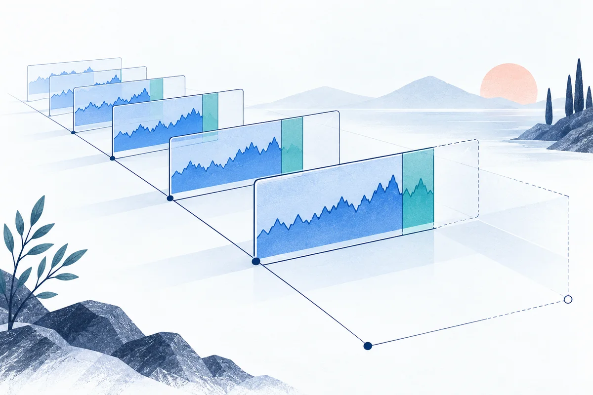 Successive training windows followed by separate forward test segments.