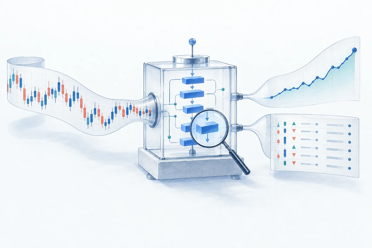 Historical candles passing through a simulation into a chart and trade ledger.