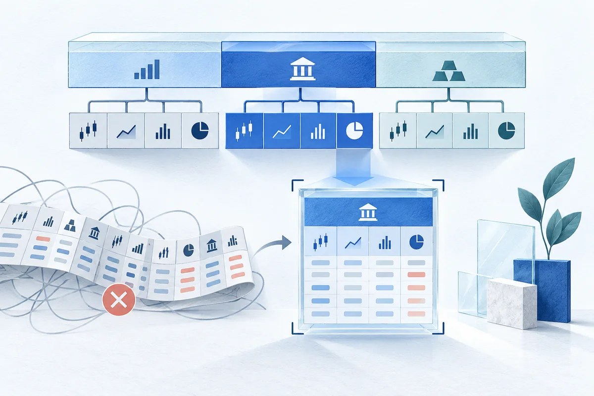Hierarchical asset and price-field columns are inspected before extracting one asset block.